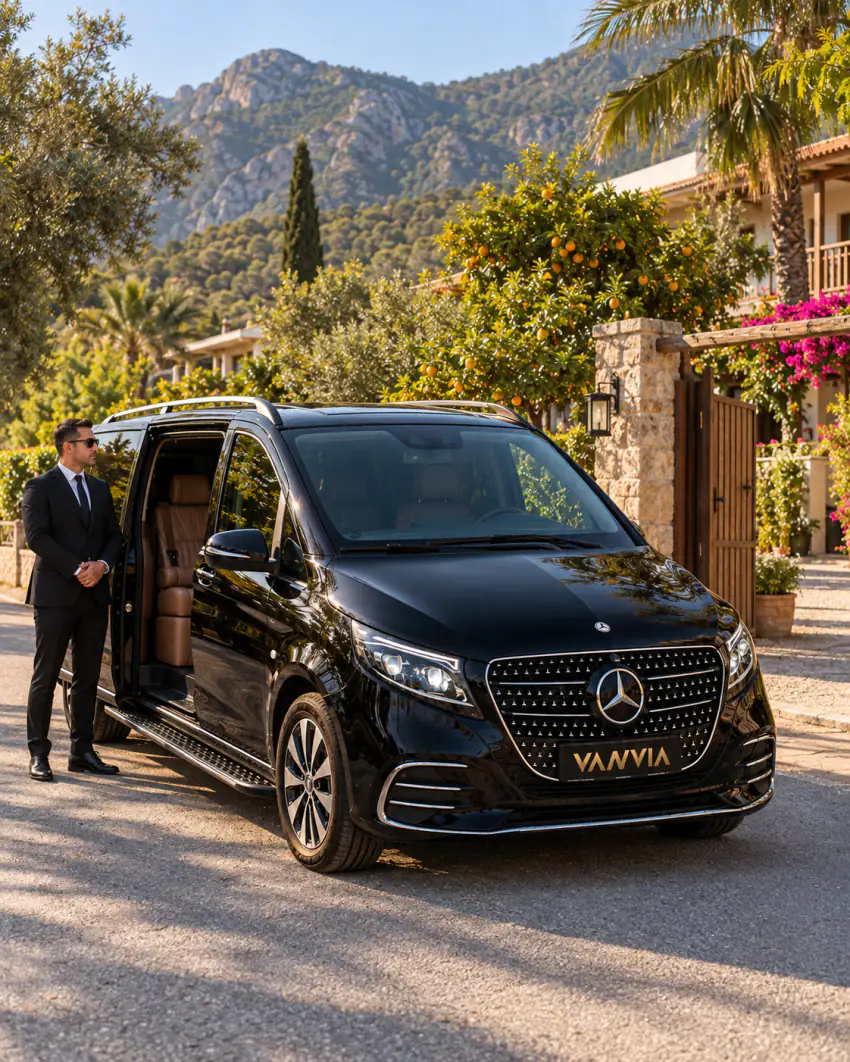 Çıralı'da bir pansiyonun açık ahşap bahçe kapısının dışında, genel yolda duran siyah Vanvia VIP transfer aracının açık yan kapısının yanında bekleyen koyu takım elbiseli şoför; arkada portakal ağaçları ve ormanlık dağlar görünüyor
