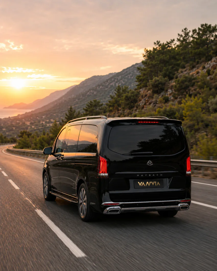A rear view of a black Vanvia VIP transfer vehicle driving along the mountainous coastal road between Dalaman and Fethiye at sunset, with the sea in view in the distance