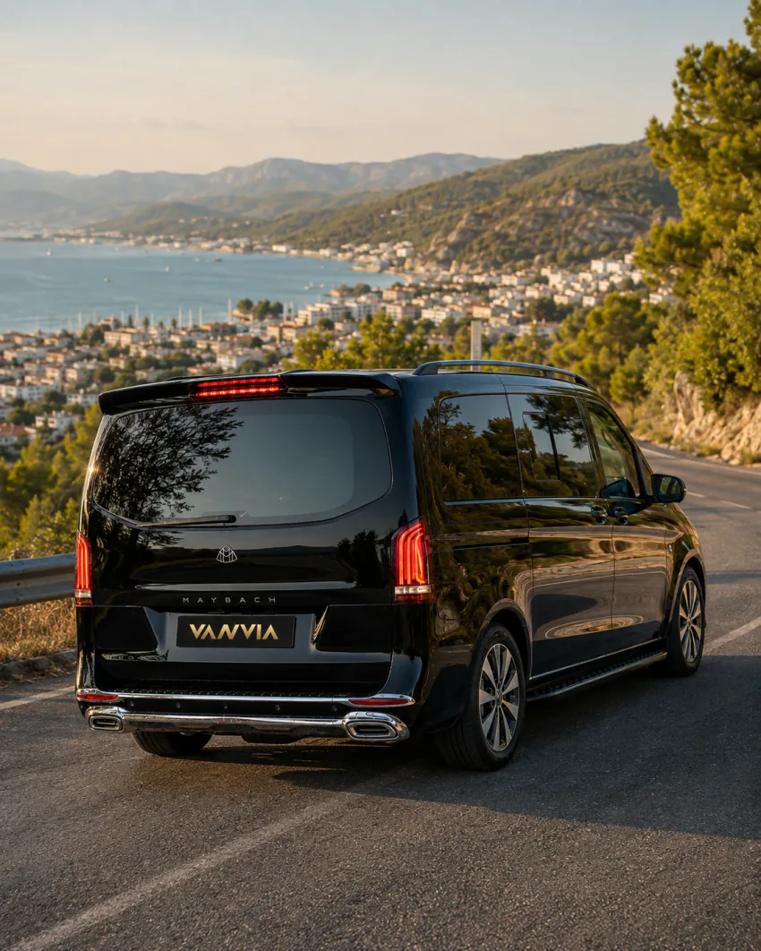 A rear three-quarter view of a black Vanvia VIP transfer vehicle descending the hillside road toward Fethiye bay, with the coastal town and cove in view below