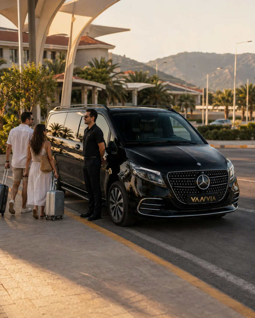 Black Vanvia VIP transfer vehicle at Dalaman Airport for the Dalaman Airport to Fethiye transfer guide