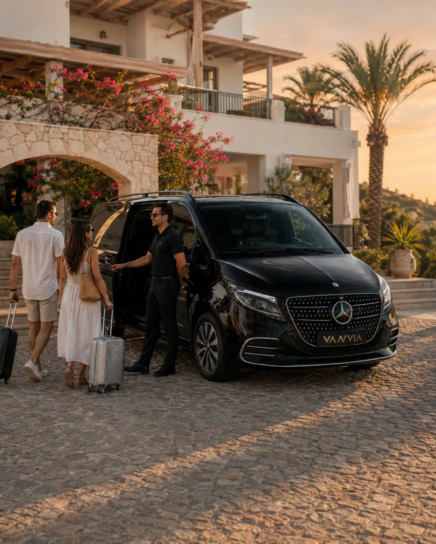 Guests walking with their suitcases toward the entrance of a generic, bougainvillea-covered Fethiye-area villa at dusk, with a black Vanvia VIP transfer vehicle waiting as the driver holds the door open