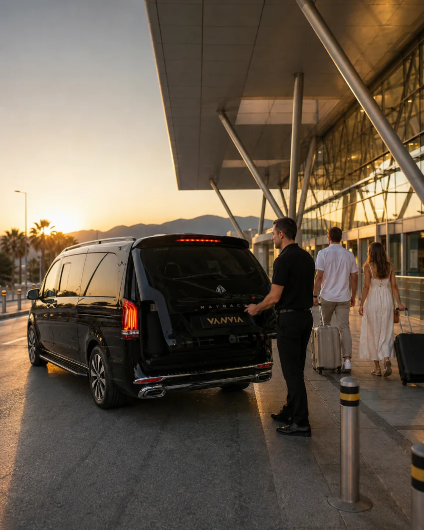 A Vanvia driver waiting at Dalaman Airport for passengers approaching with their suitcases, with the front of a black VIP transfer vehicle in view