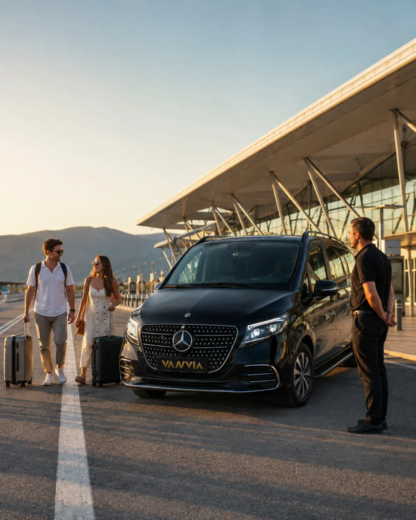 A driver unloading luggage in front of the Dalaman Airport terminal, with passengers walking toward the terminal with their suitcases and a black Vanvia VIP transfer vehicle behind them