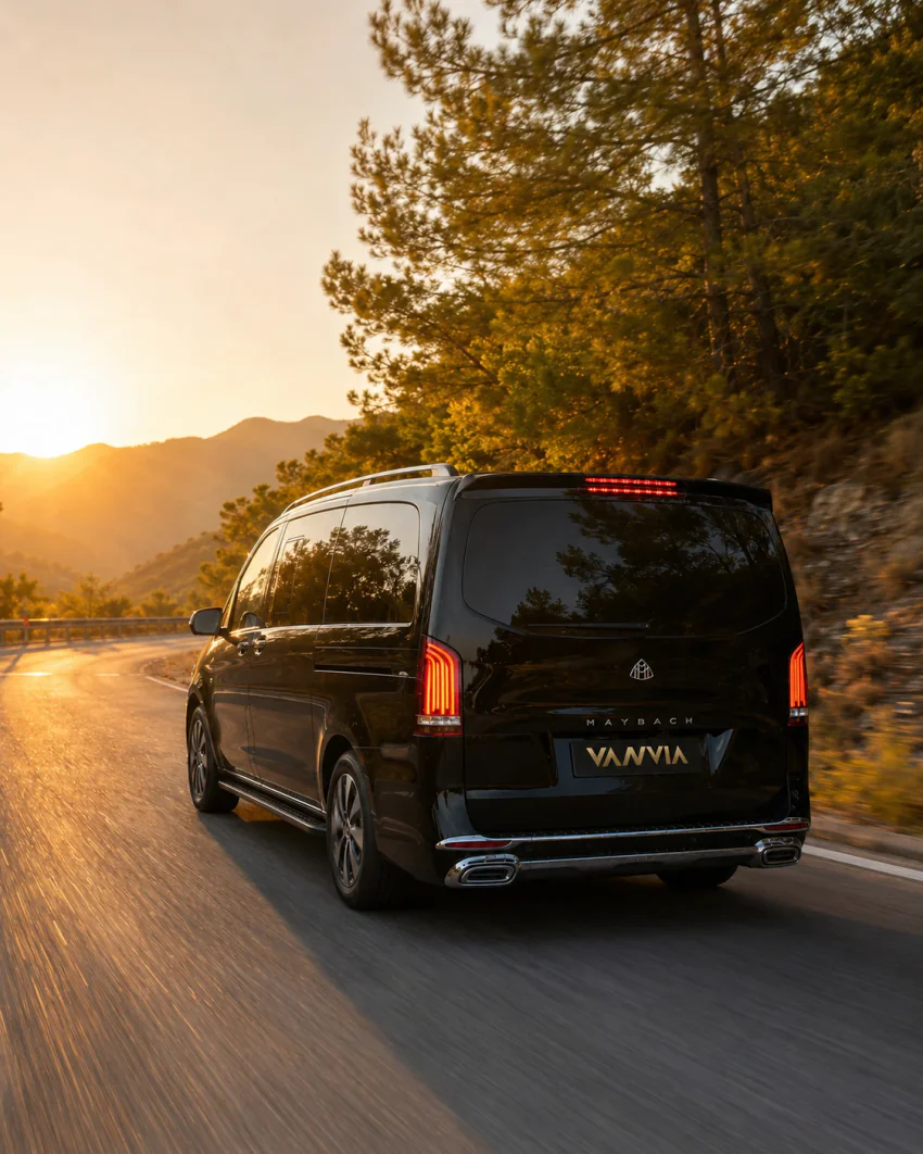 The rear view of a black Vanvia VIP transfer vehicle heading out from Dalaman Airport along a tree-lined coastal road at sunset