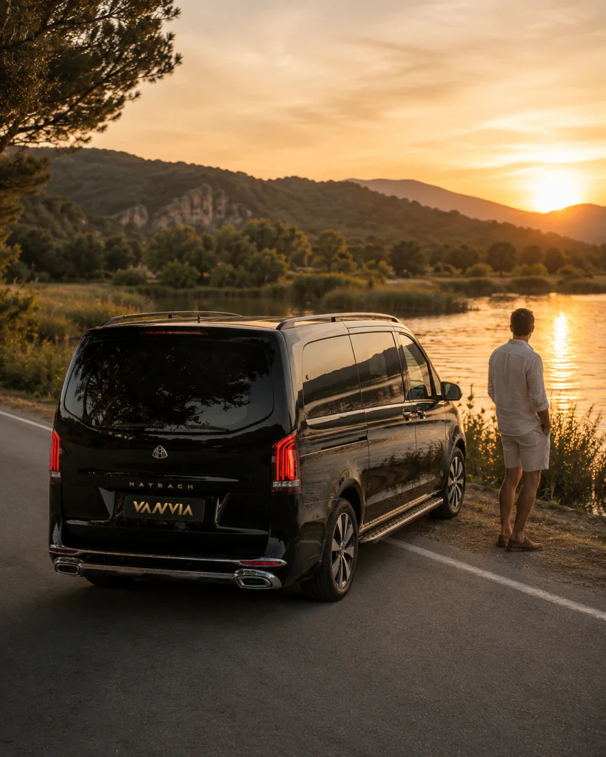 Dalyan yakınında gün batımında nehir kıyısında duran siyah Vanvia VIP transfer aracı ve manzarayı izleyen bir yolcu