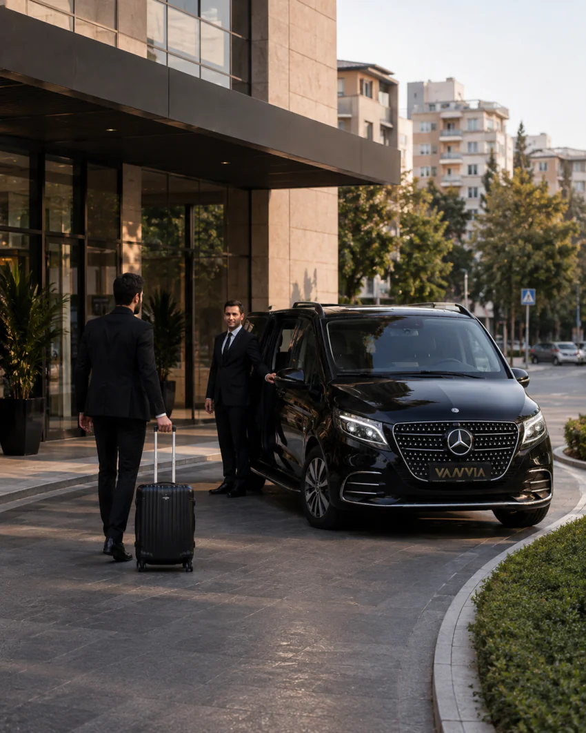 Ein Mercedes-Benz Vito VIP am Hoteleingang während eines Geschäftsbesuchs
