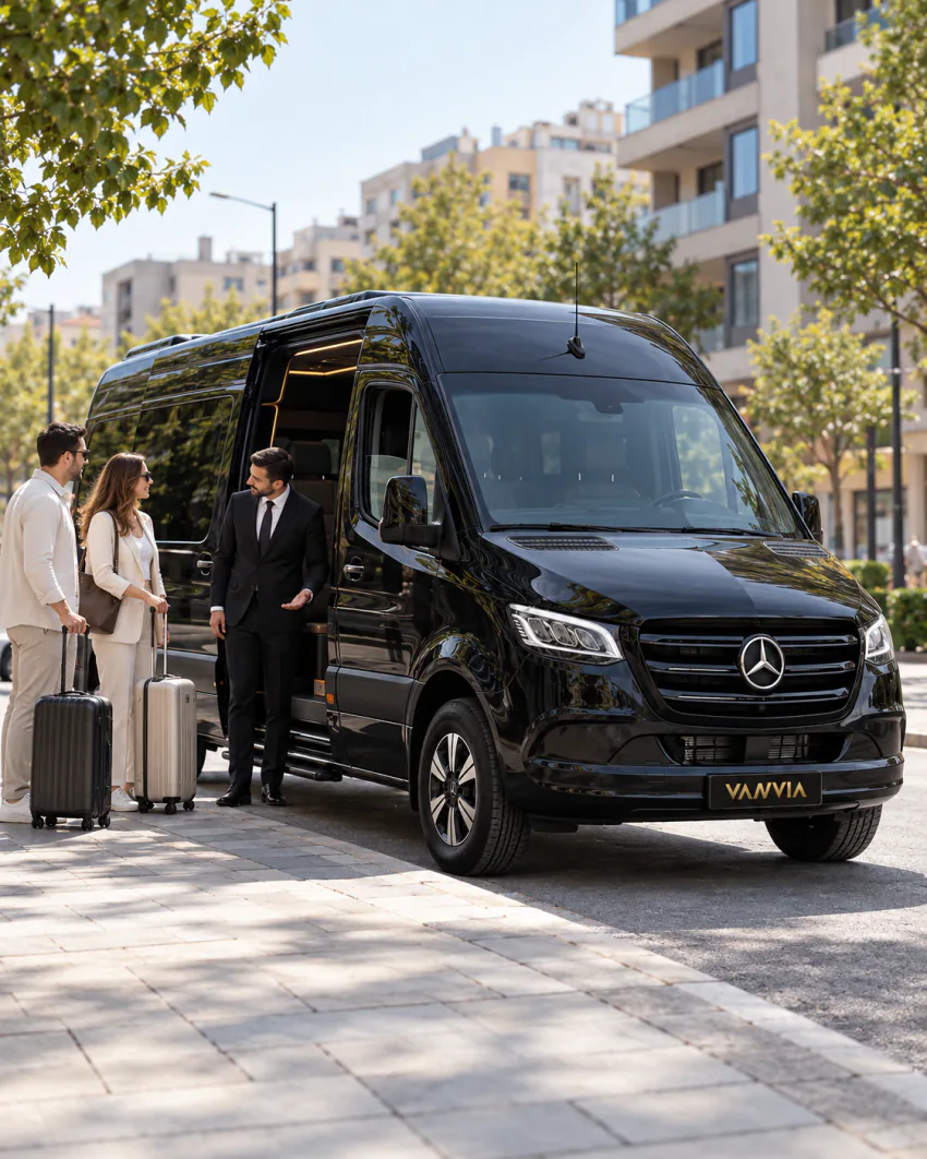 Şehirde bir cadde kenarında yan kapısı açık duran siyah Vanvia VIP transfer aracının ön çapraz görünümü; şoför valizli iki yolcuyu araca davet ediyor