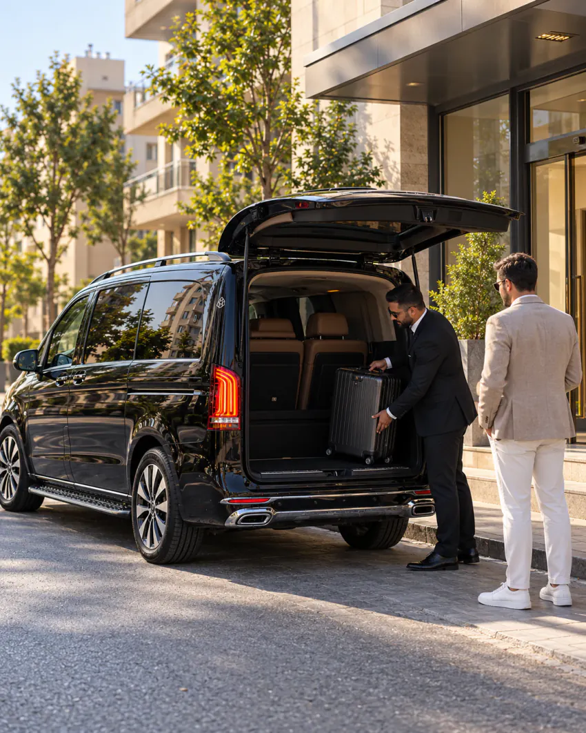 Bagaj kapağı açık siyah Vanvia VIP transfer aracının arka çapraz görünümü; takım elbiseli şoför bir bina girişinin önünde misafirin valizini araca yerleştiriyor