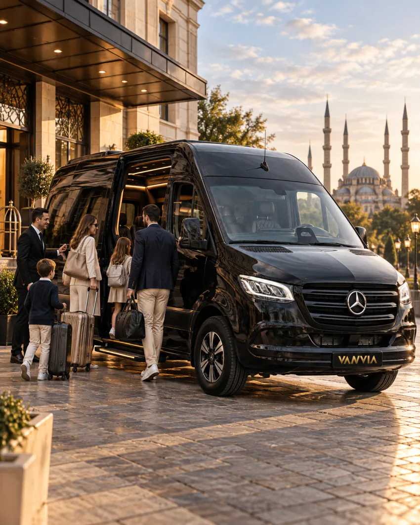 Saçaklı bir bina girişinin önünde, iki yetişkin ve iki çocuk valizleriyle siyah Vanvia VIP transfer aracına biniyor; şoför kapının yanında bekliyor, arkada bir cami görünüyor