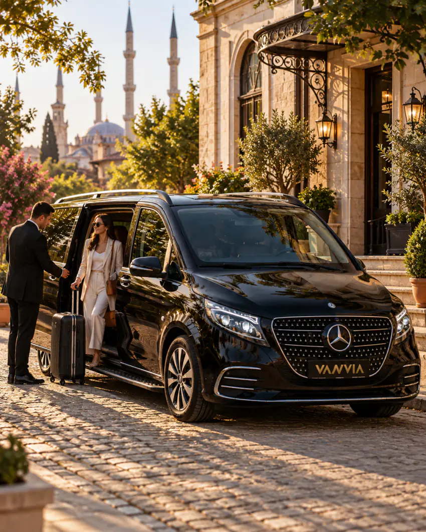 Taş bir binanın girişinde şoför siyah Vanvia VIP transfer aracının yan kapısını tutarken valizli bir misafir araçtan iniyor