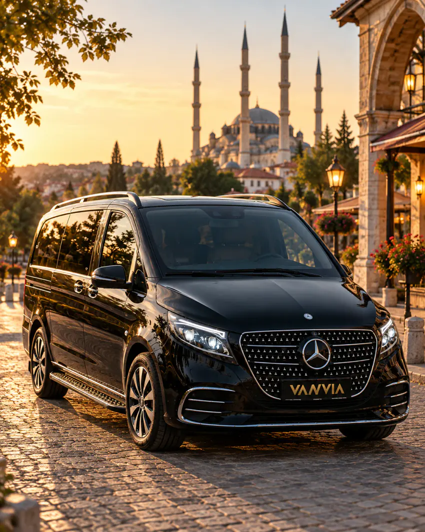 Çiçek sepetleriyle süslü, kemerli taş bir binanın yanında arnavut kaldırımlı bir meydanda duran siyah Vanvia VIP transfer aracı; arkada caminin minareleri yükseliyor