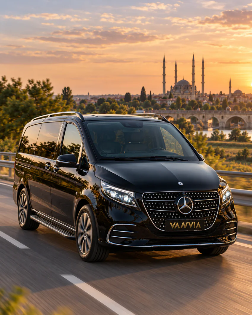 Edirne VIP transfer: gün batımında, uzakta kubbeli ve minareli bir caminin ve nehir üzerindeki taş kemerli bir köprünün göründüğü yolda ilerleyen siyah Vanvia aracının ön çapraz görünümü