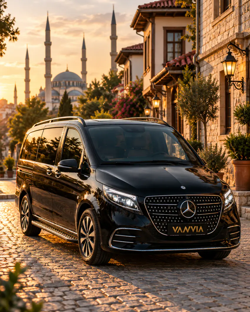 Duvar fenerli taş evlerin önünde, arnavut kaldırımlı bir sokakta duran siyah Vanvia VIP transfer aracı; arkada gün batımında caminin minareleri görünüyor