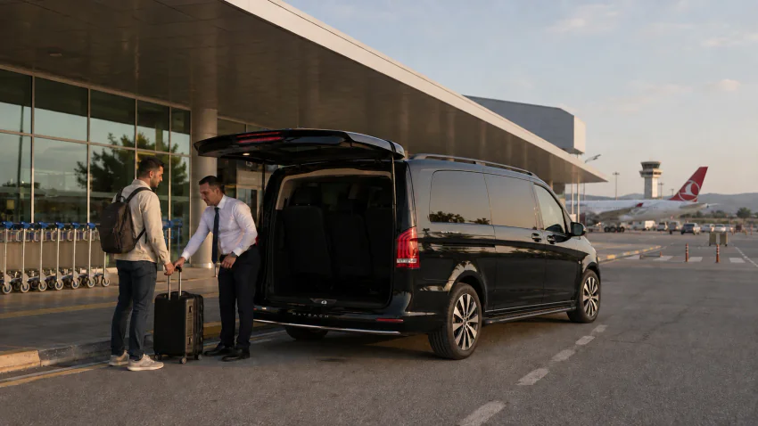 A black Vanvia VIP transfer vehicle at the airport kerb in front of a terminal building with an angled canopy roof and a control tower behind it; a driver in a white shirt greets a passenger with a backpack at the open rear liftgate, with luggage carts on the left and a parked passenger aircraft visible at the gate