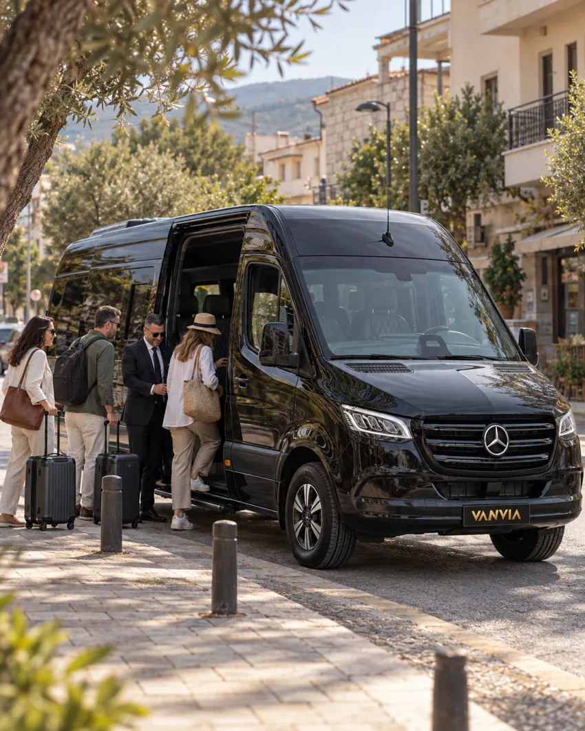 Passengers boarding a black Vanvia VIP transfer vehicle with their own suitcases at the kerb of an ordinary town street shaded by olive branches near the Gulf of Edremit, hills behind and the driver waiting beside the open side door