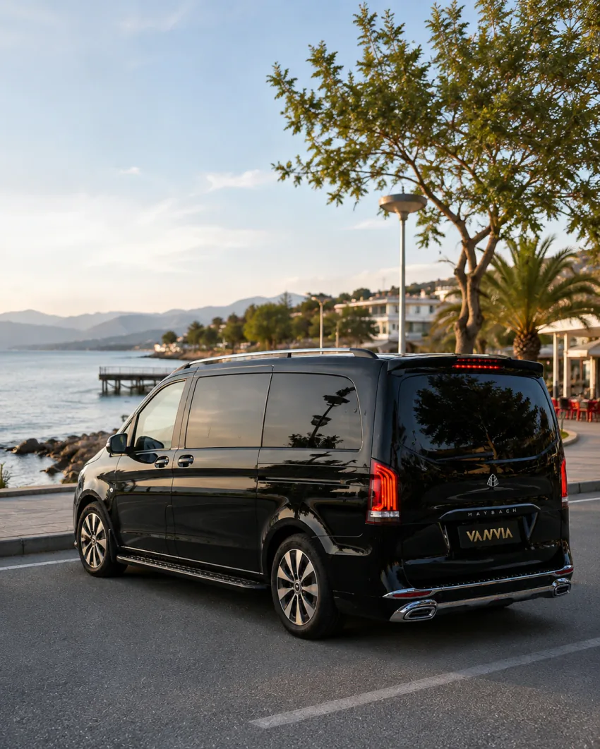 The rear side view of a black Vanvia VIP transfer vehicle parked along the Akçay waterfront promenade, with a small pier and palm trees nearby and mountains across the bay in sunset light