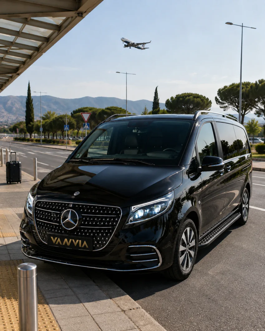 The front three-quarter view of a black Vanvia VIP transfer vehicle waiting at the airport terminal curbside, with a suitcase standing nearby, a plane taking off and mountains visible in the background