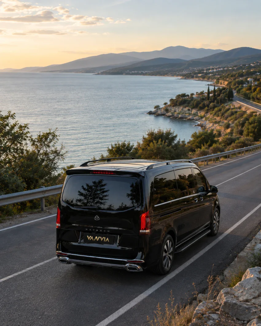 The rear view of a black Vanvia VIP transfer vehicle driving on an elevated, guardrail-lined mountain road overlooking the Gulf of Edremit at sunset, with the bay and a coastal settlement visible below