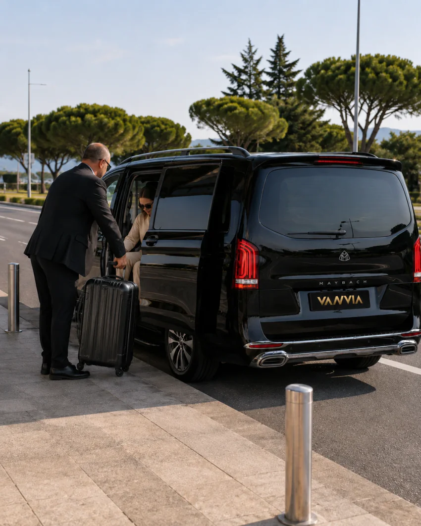 A curbside meet-and-greet scene at the airport, with the driver pulling a suitcase and opening the vehicle door for a passenger in sunglasses stepping out, pine trees and mountains visible in the background