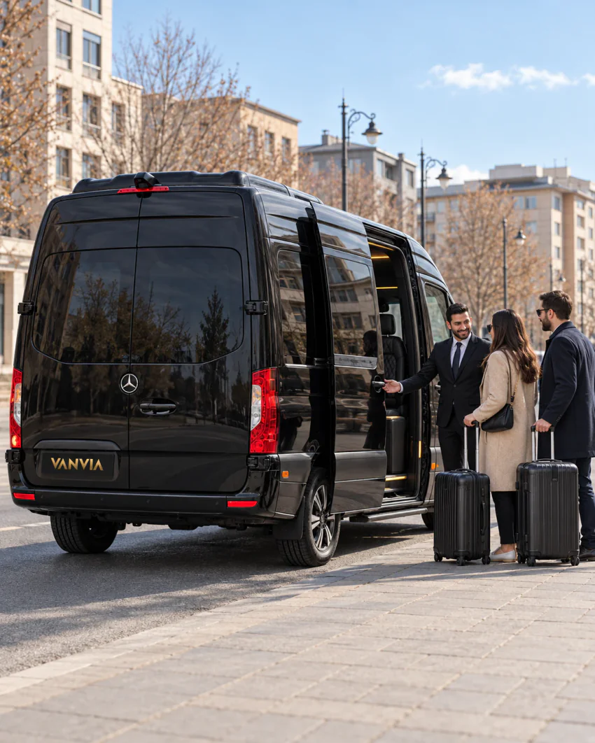 Sağ yan sürgülü kapısı açık siyah Vanvia VIP transfer aracının arka çapraz görünümü; çıplak ağaçlı bir caddede şoför valizli iki yolcuyu karşılıyor