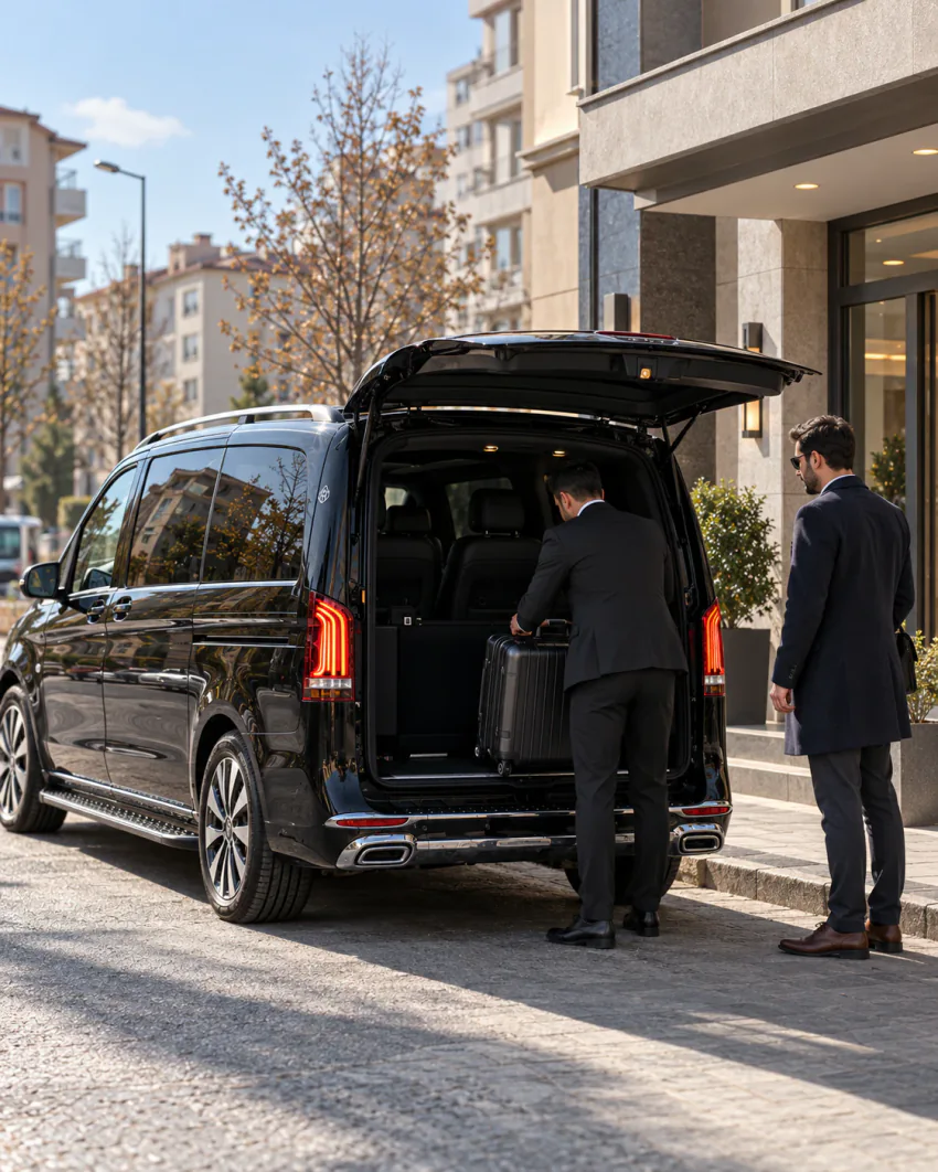 Bagaj kapağı açık siyah Vanvia VIP transfer aracının arka çapraz görünümü; takım elbiseli şoför bir bina girişinde valizi yüklerken paltolu misafir yanında bekliyor