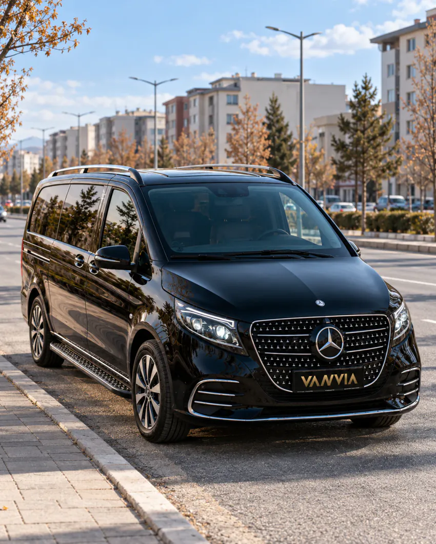 Sonbahar renkli ağaçlarla çevrili geniş bir bulvarın kenarında duran siyah Vanvia VIP transfer aracının ön çapraz görünümü; arkada apartman blokları var