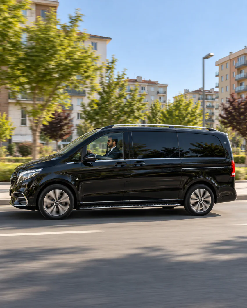 Erzurum VIP transfer: ağaçlı bir şehir yolunda ilerleyen siyah Vanvia aracının yandan görünümü; yan camdan takım elbiseli, güneş gözlüklü şoför görünüyor
