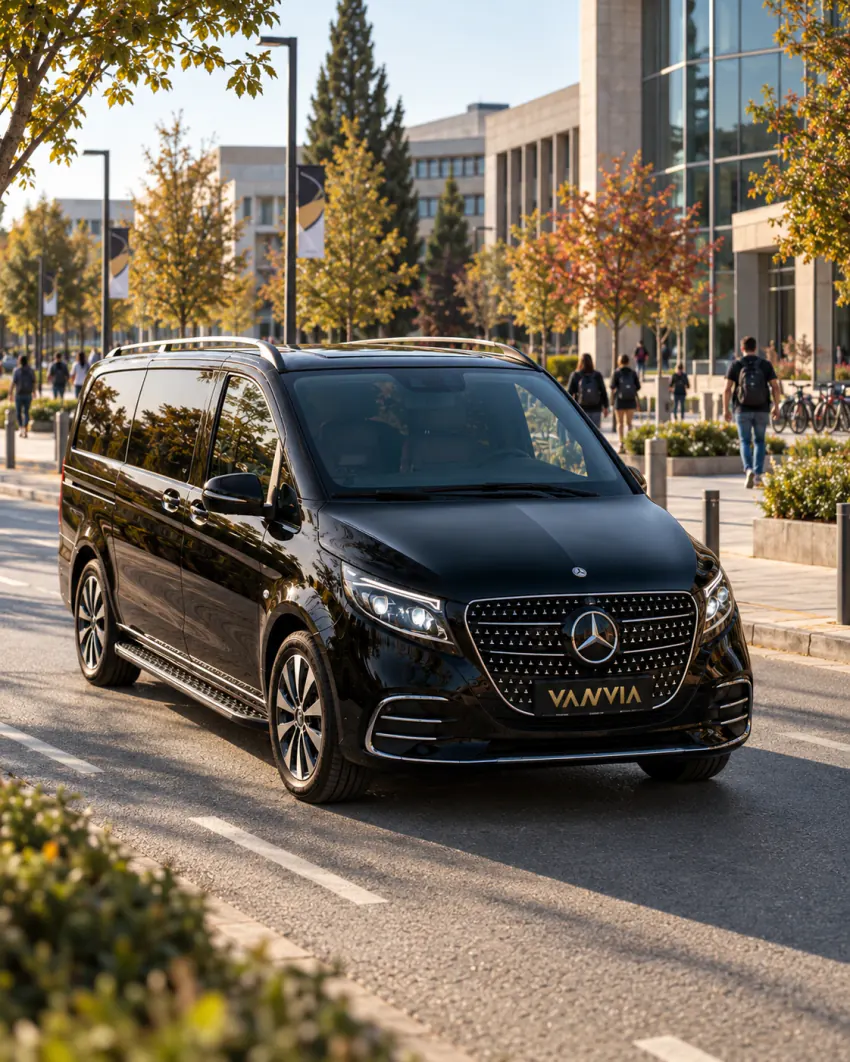 سيارة Vanvia VIP transfer سوداء تسير على طريق عام تصطف خلفه مبانٍ حديثة على طراز الحرم الجامعي ومارة يحملون حقائب ظهر؛ لا يوحي ذلك باسم أي مؤسسة أو وصول خاص