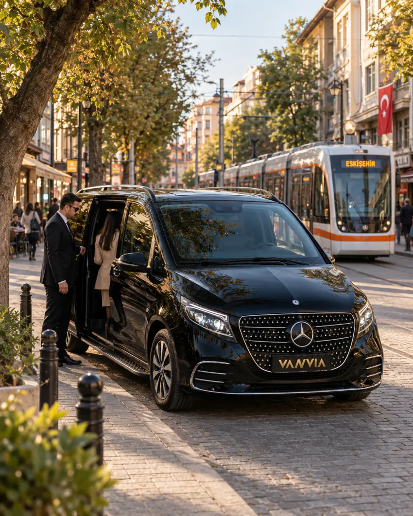 سائق يساعد راكبة على الصعود عبر الباب المفتوح لسيارة Vanvia VIP transfer السوداء في شارع مركزي مرصوف بالحصى في إسكي شهير؛ يظهر في الخلفية ترام يحمل لافتة 'ESKİŞEHİR' وطاولات مقهى