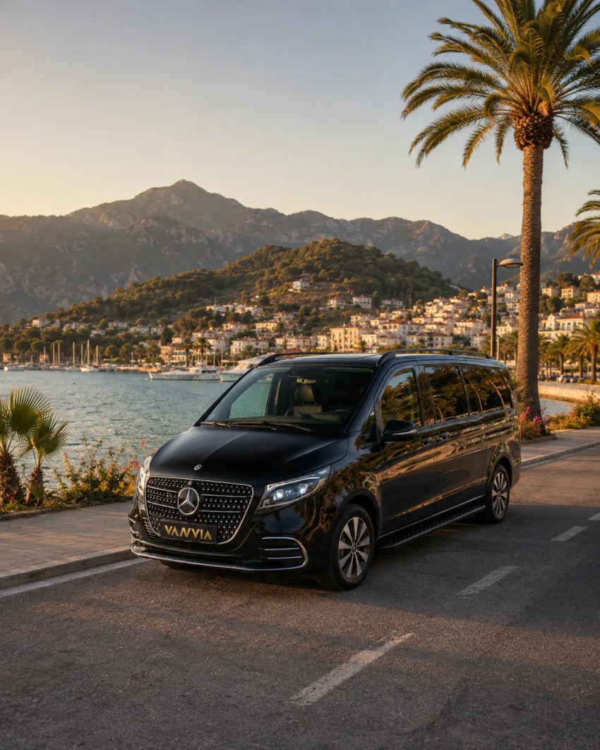 A front three-quarter view of a black Vanvia VIP transfer vehicle parked in golden light by a marina in Fethiye, with the hillside town in view behind it