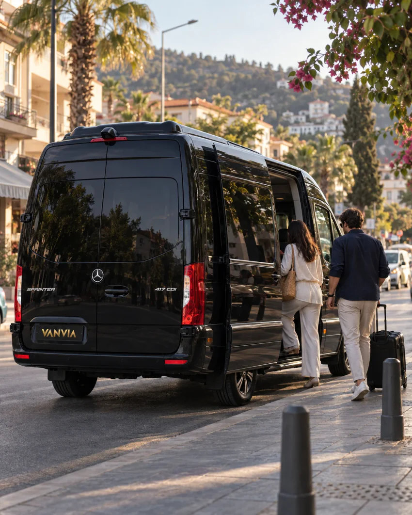 A rear view of a black Vanvia VIP transfer vehicle at a street kerb below the hillside houses of Fethiye, as passengers walk up to board