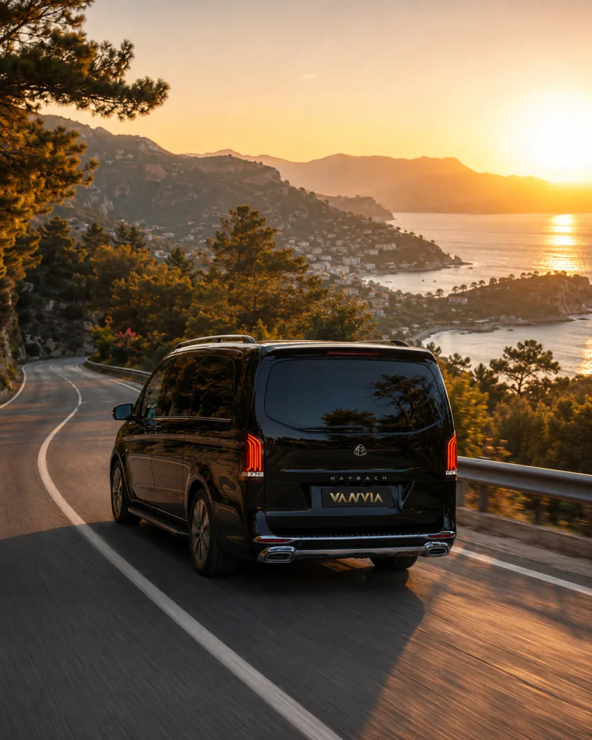 The rear view of a black Vanvia VIP transfer vehicle driving along a mountainous coastal road near Fethiye at sunset, with a bay view below