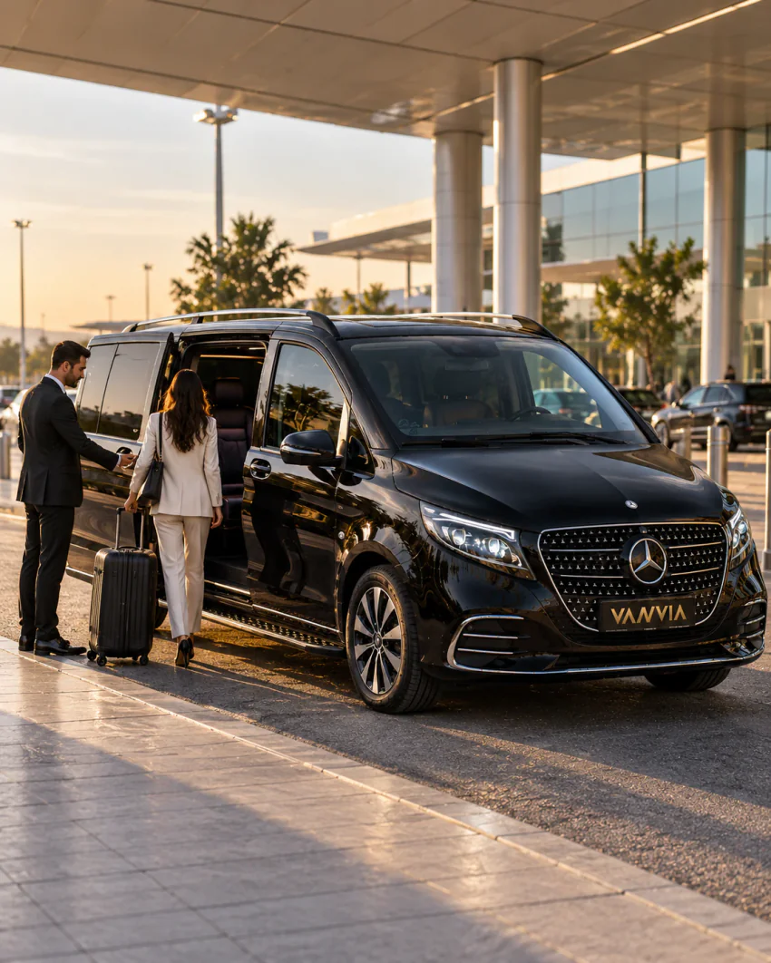 Yan kapısı açık siyah Vanvia VIP transfer aracının yanında takım elbiseli şoför, valizli bir misafire yardım ediyor; arkada terminal sütunları görülüyor