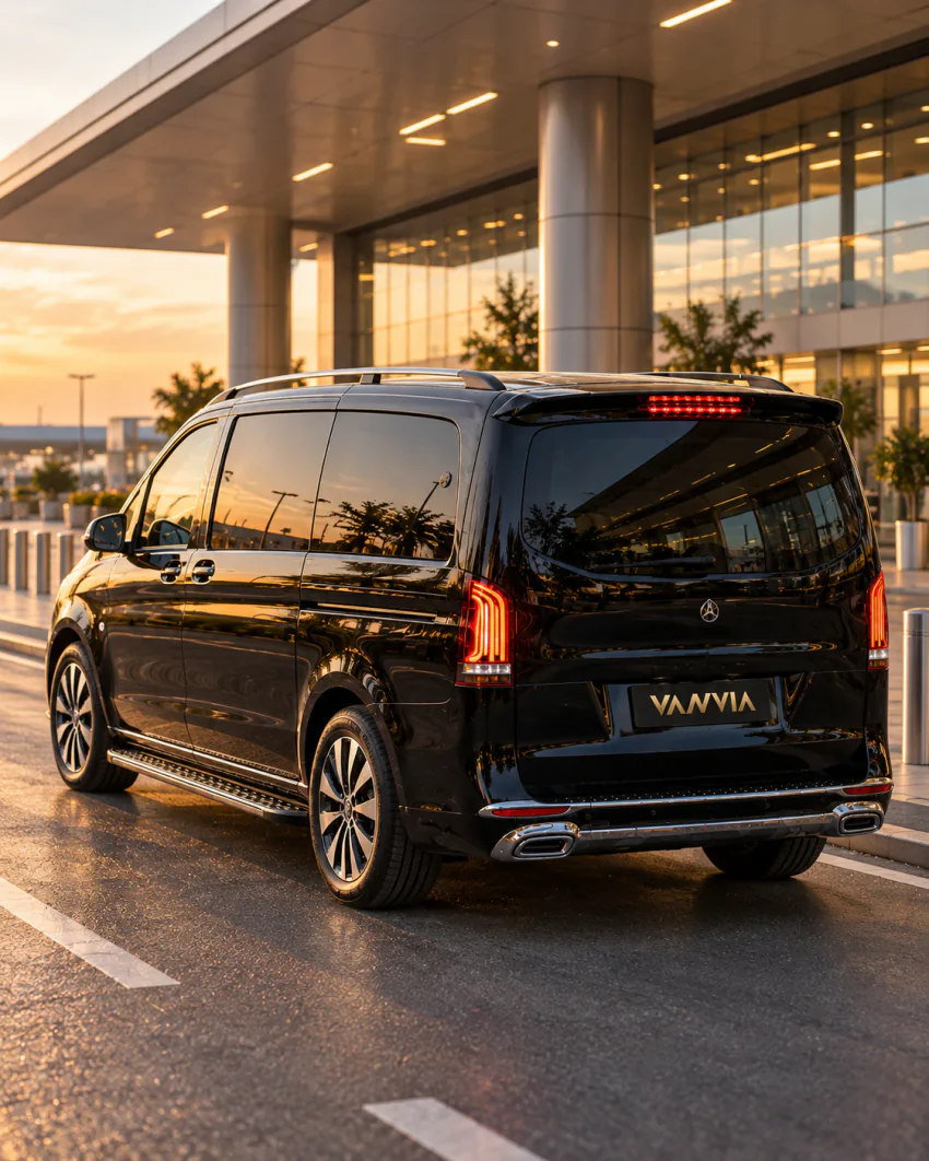 Gün batımında terminal kaldırımının yanında park halindeki siyah Vanvia VIP transfer aracının arka çapraz görünümü