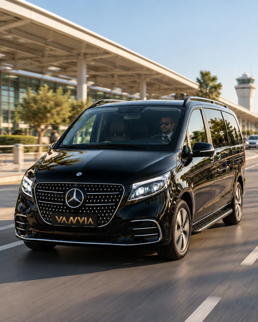 Terminal önündeki yolda ilerleyen siyah Vanvia VIP transfer aracı; direksiyonda takım elbiseli, güneş gözlüklü şoför görünüyor, uzakta bir kontrol kulesi seçiliyor