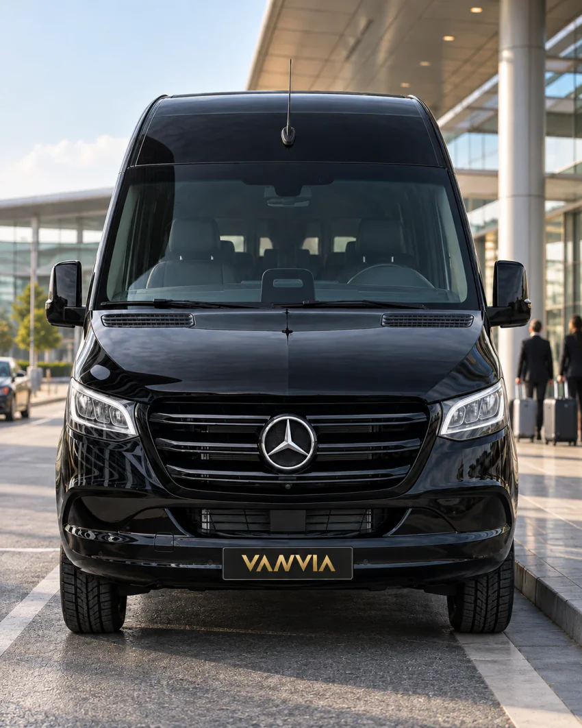 Terminal sundurmasının önünde kaldırım kenarında duran siyah Vanvia VIP transfer aracının önden görünümü; arkada valizli yolcular yürüyor