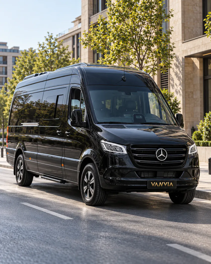 Açık renkli taş kaplamalı binaların ve genç ağaçların önündeki bir şehir caddesinde duran siyah Vanvia VIP transfer aracı