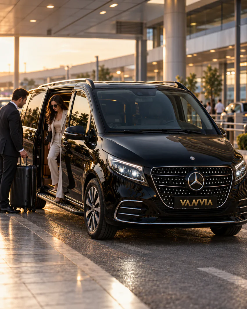 Bir terminal saçağının altındaki kaldırım kenarında siyah Vanvia VIP transfer aracı; takım elbiseli şoför bir valizle bekliyor, misafir açık yan kapıdan iniyor