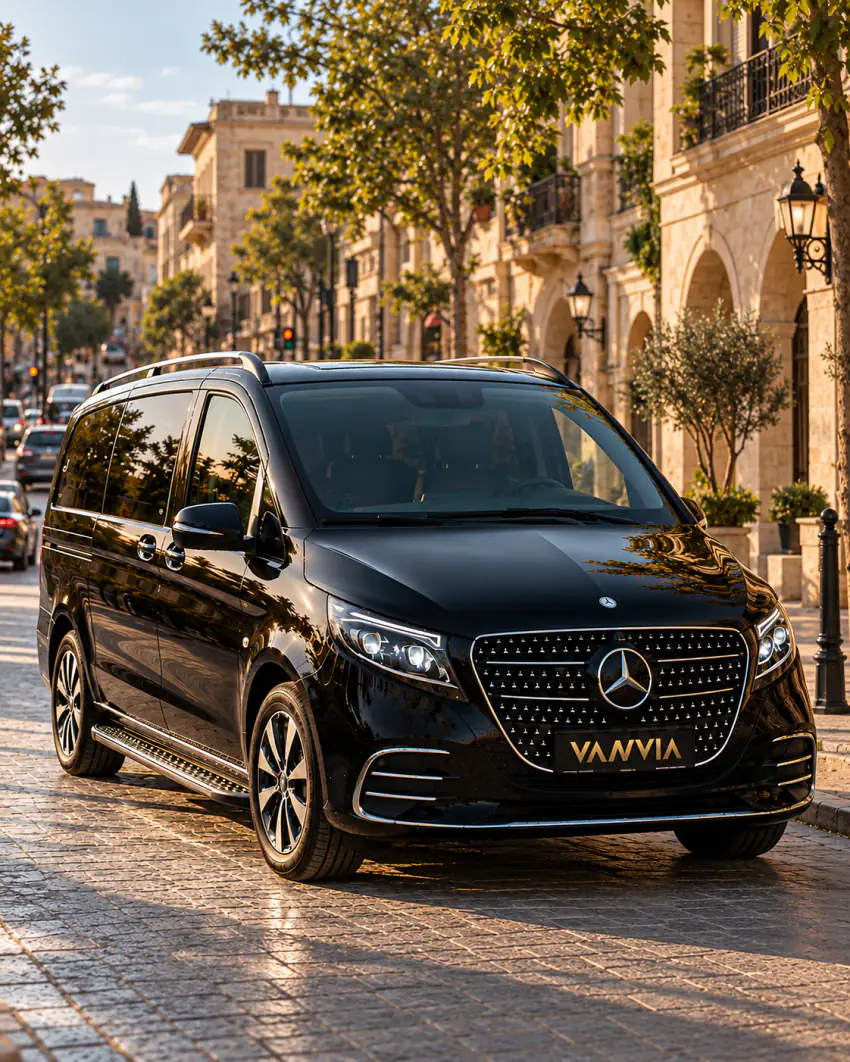 Gaziantep'te taş kemerli tarihi cephelerin önündeki arnavut kaldırımlı bir şehir caddesinde park etmiş siyah Vanvia VIP transfer aracı