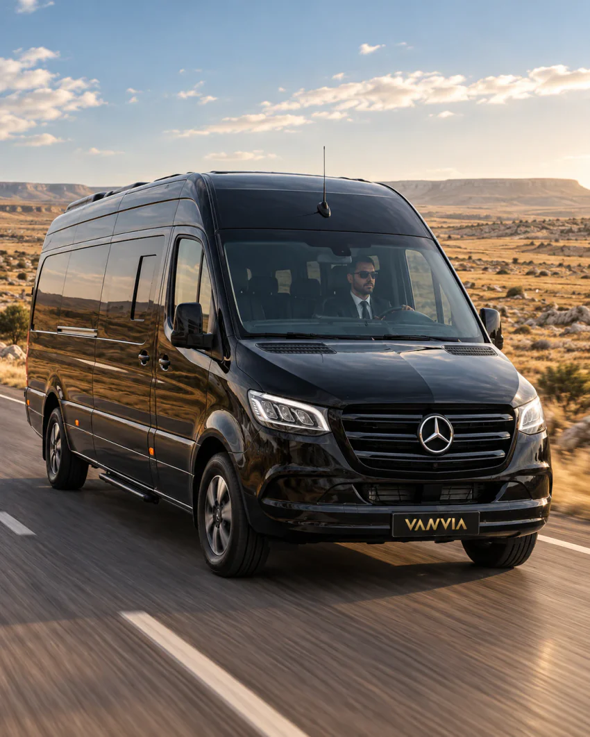 A black Vanvia VIP transfer van driving a rural road through dry, stony upland, a suited driver visible at the wheel