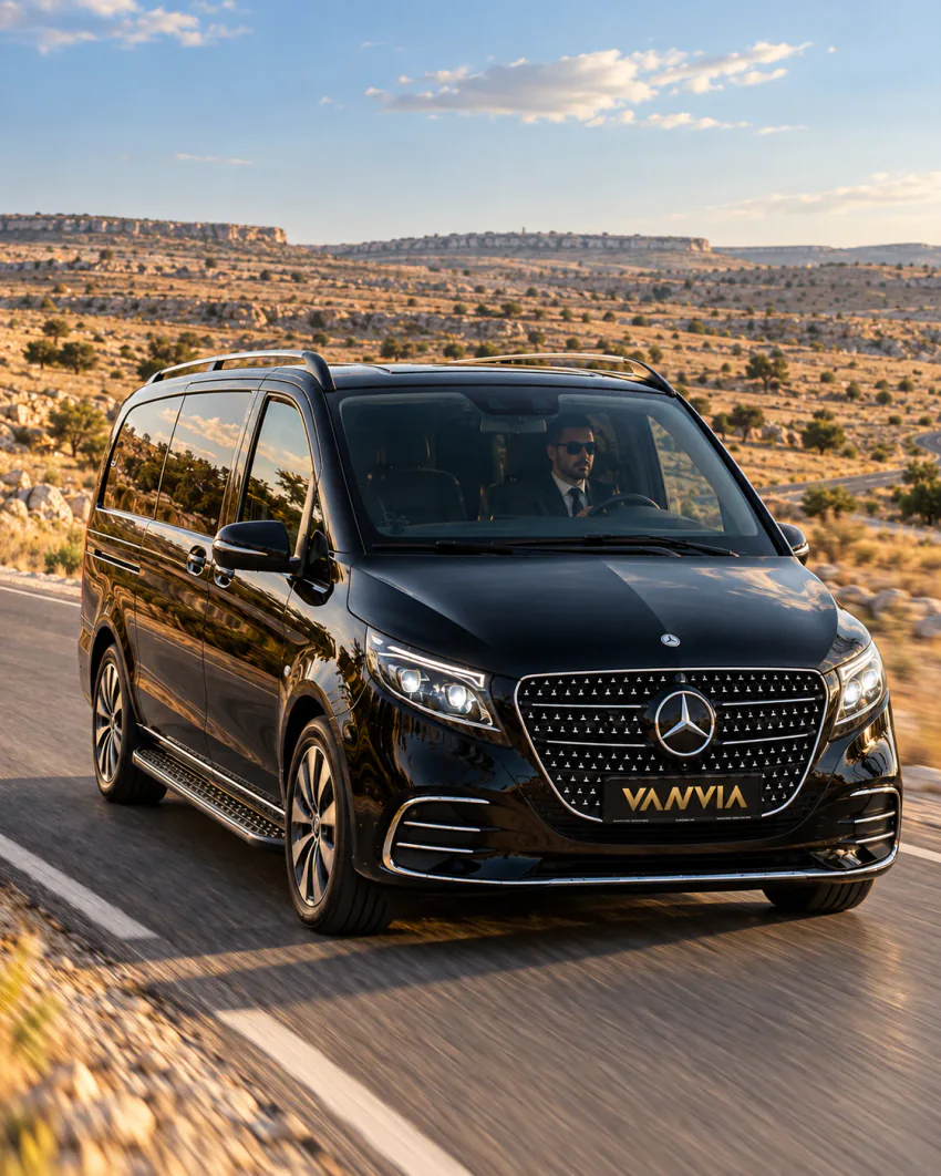 A black Vanvia vehicle driving on an open rural road across dry, rolling limestone upland, a suited driver in sunglasses visible at the wheel