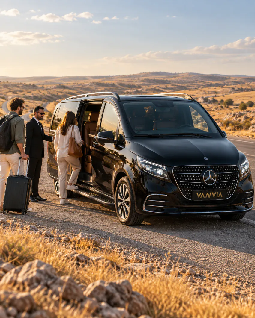 On an open rural roadside, the chauffeur stands at the open side door of a black Vanvia VIP transfer vehicle as travellers with luggage get in