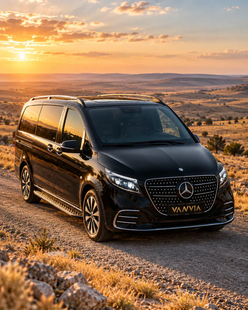 A black Vanvia VIP transfer vehicle parked on a gravel roadside pull-off overlooking a wide, dry plateau at sunset