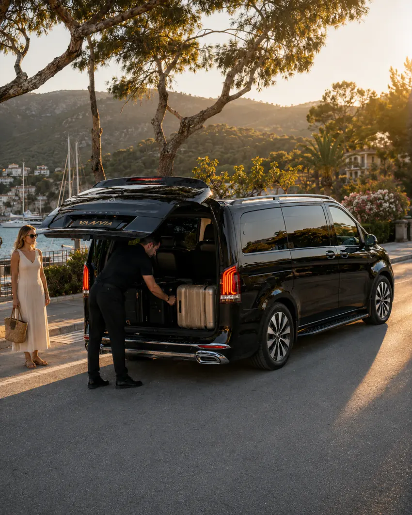A driver loading luggage on Göcek's coastal road at sunset, with a passenger waiting nearby and the open boot of a black Vanvia VIP transfer vehicle