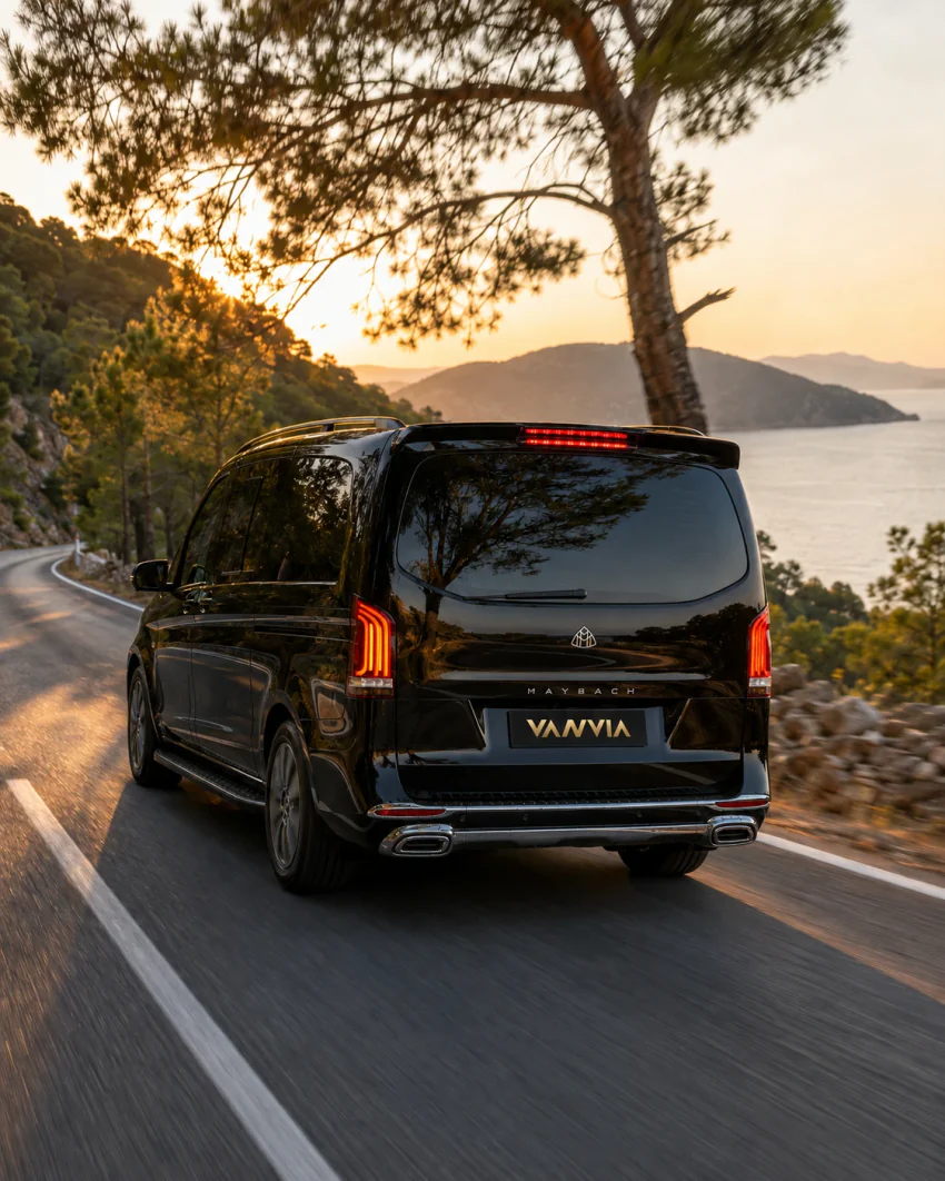 The rear view of a black Vanvia VIP transfer vehicle driving along a mountainous coastal road near Göcek at sunset, with an island and bay view below
