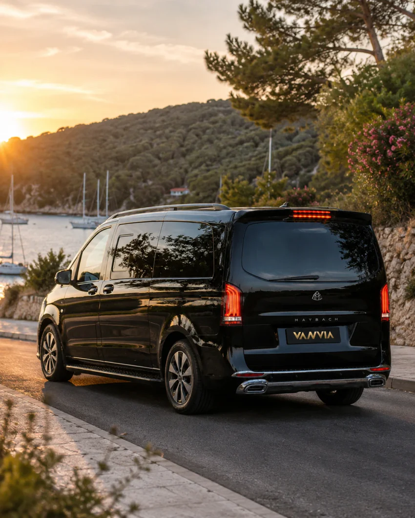 The rear three-quarter view of a black Vanvia VIP transfer vehicle parked on the coastal road at Göcek bay at sunset, with a marina view of yachts behind it