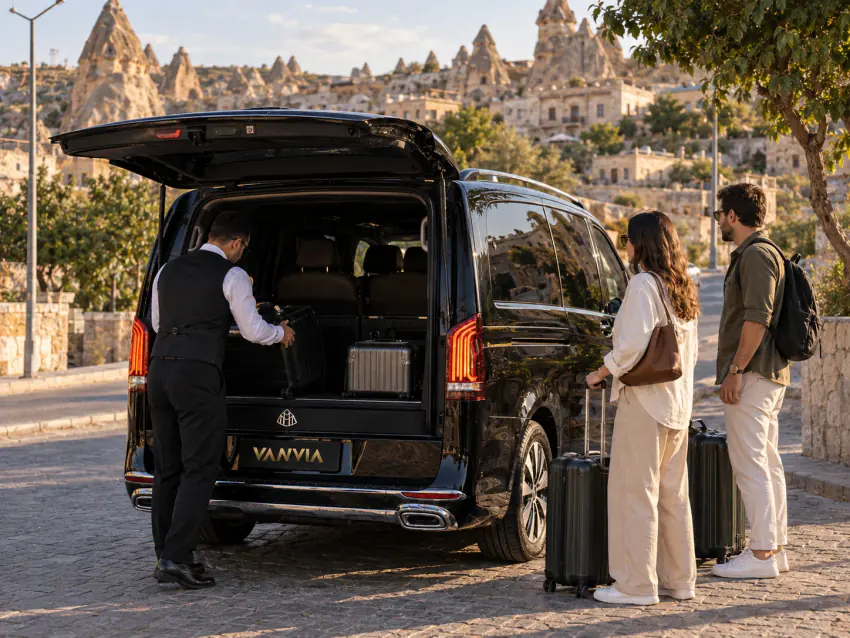 Arka kapısı açık siyah Vanvia VIP transfer aracının bagajına bir valizi yerleştiren şoför, yanında bagajlarıyla bekleyen iki misafir, arka planda kasaba silüeti