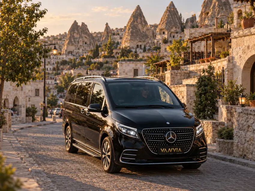 Göreme'nin cave-hotel bölgesindeki taş döşeli bir sokakta ilerleyen siyah Vanvia VIP transfer aracı, iki yanında peri bacalarına oyulmuş yapılar, gün ışığında