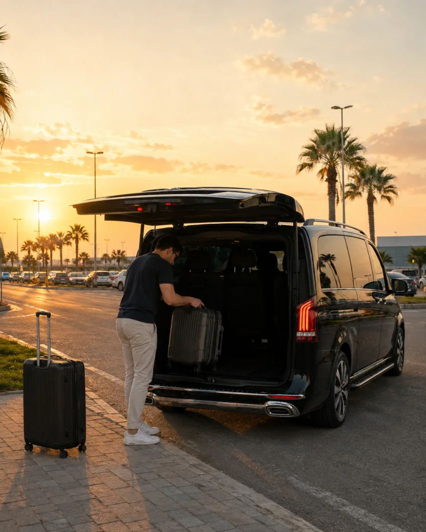 Bir havalimanı terminali önündeki kaldırımda siyah Vanvia VIP transfer aracının açık bagaj bölümüne valizini yerleştiren bir yolcu, gün batımında, yanında ikinci bir valiz