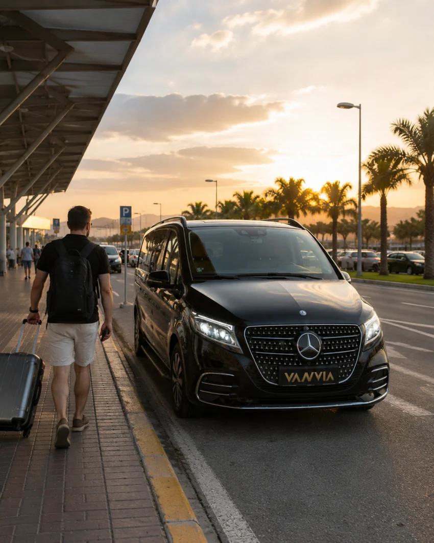 Bir havalimanı terminalinin kaldırımı önünde bekleyen siyah Vanvia VIP transfer aracının yanından bavuluyla yürüyen bir yolcu, altın ışıkta, arkada otopark ve palmiye ağaçları